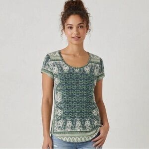 Lucky Brand Paisley Green and Cream Short Sleeve Top